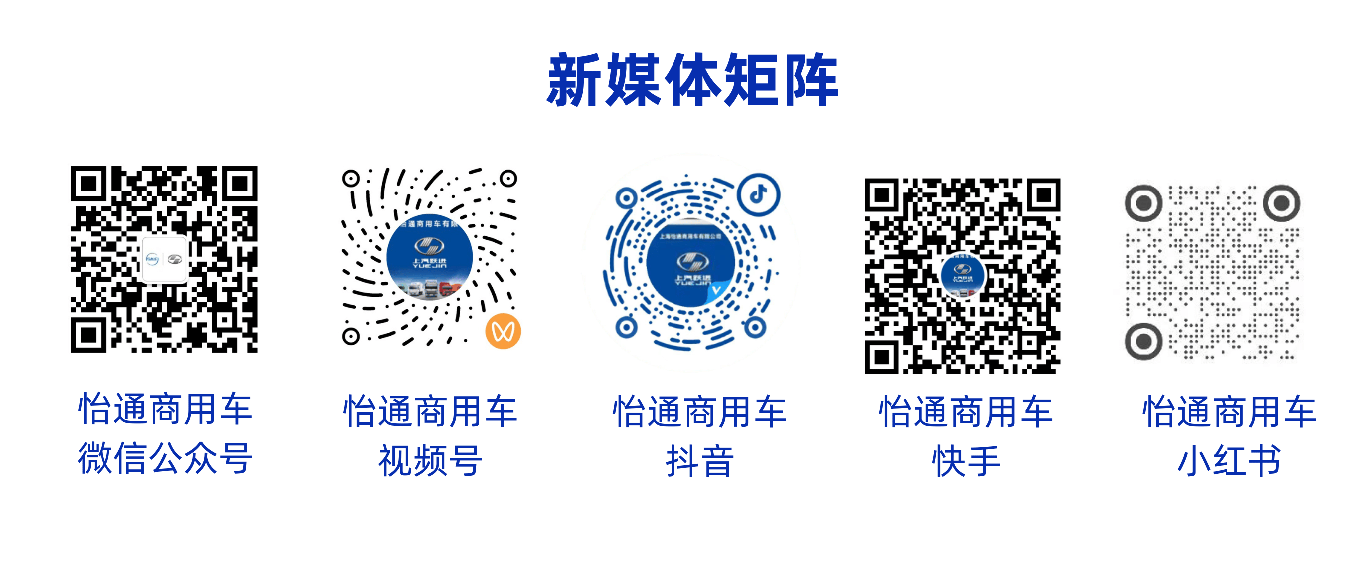 上海怡通商用车新媒体矩阵：微信公众号、视频号、抖音、快手、小红书二维码